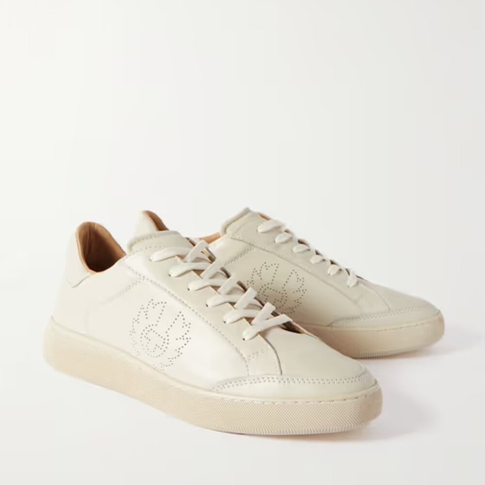 New Men's Belstaff Track Logo-Perforated Leather Sneakers Shoes Off-White Sz 7.5